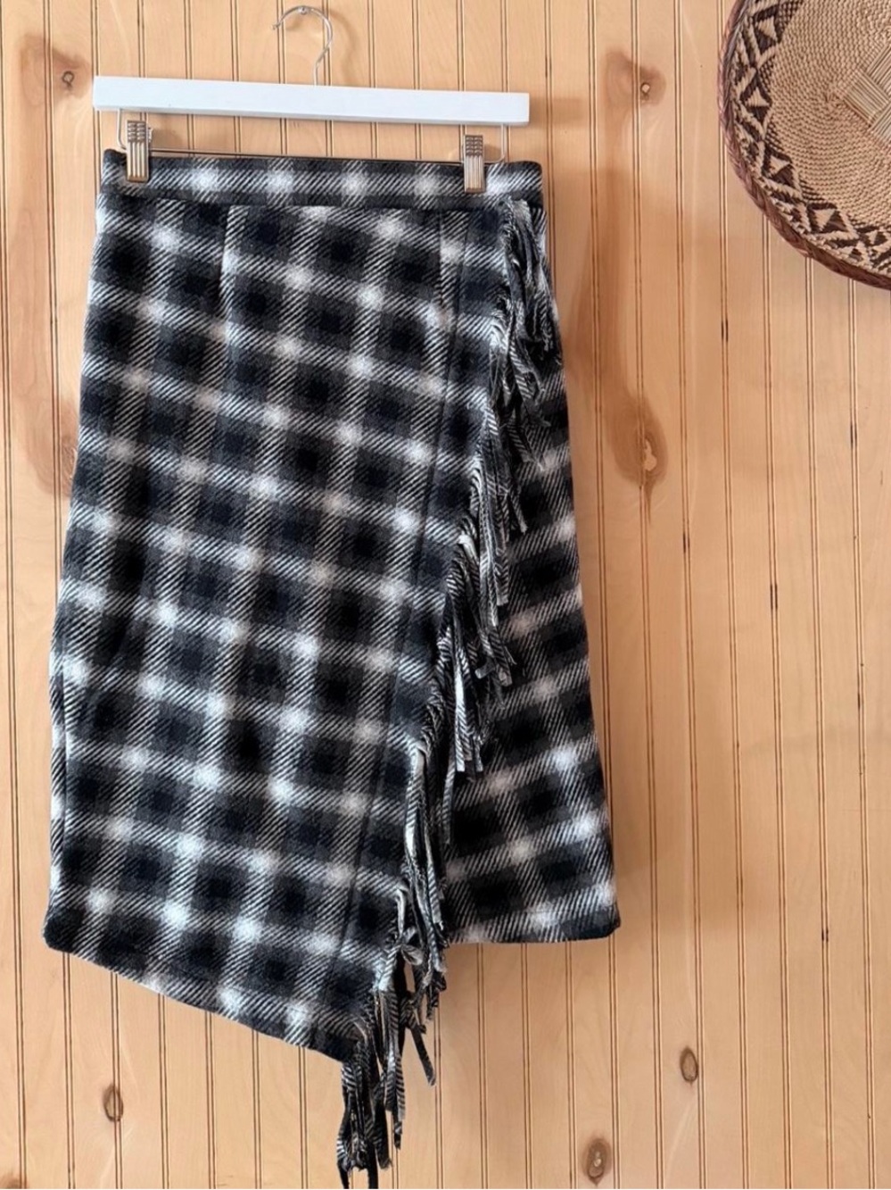 Time and Tru Black and White Plaid Fringe Wrap Skirt